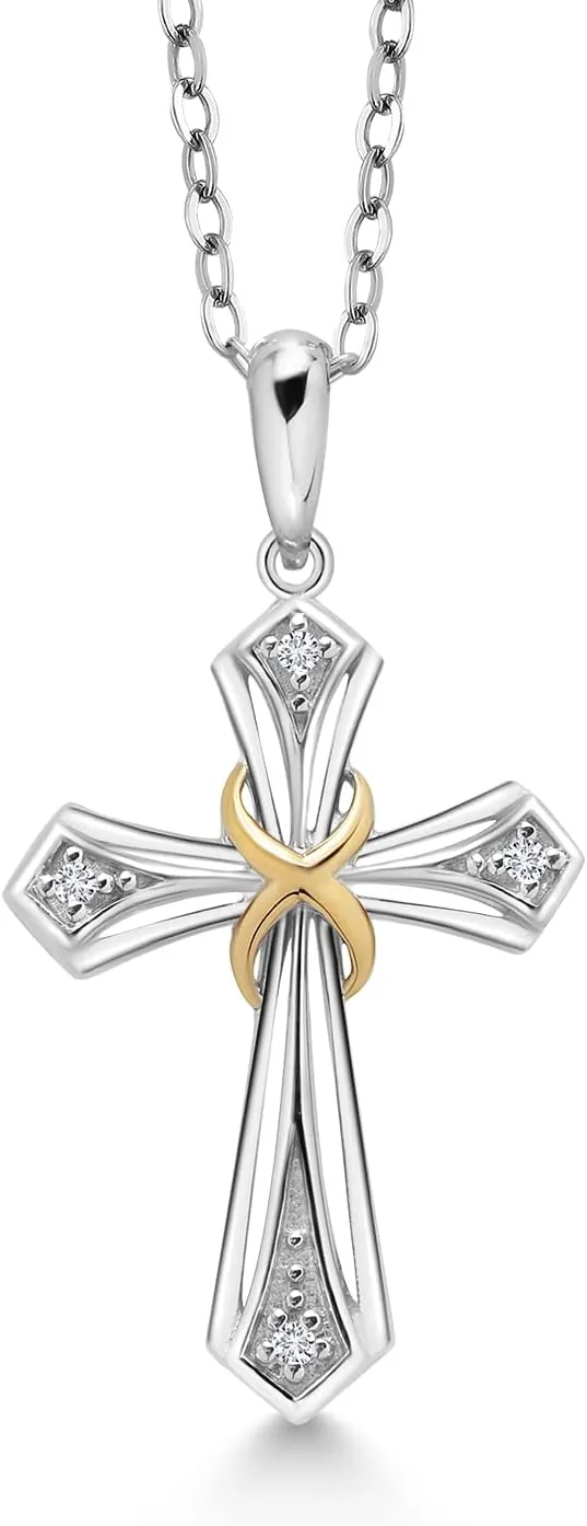 Gem Stone King White Lab Grown Diamond Cross Pendant Necklace for Women | 925 Silver and 10K Yellow Gold | Pendant: 20X15MM | With 18 Inch Chain