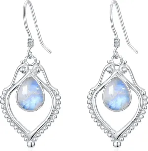 Genuine Moonstone Earrings for Women, Sterling Silver Teardrop Dangling Earrings Vintage Healing Gemstone Jewelry