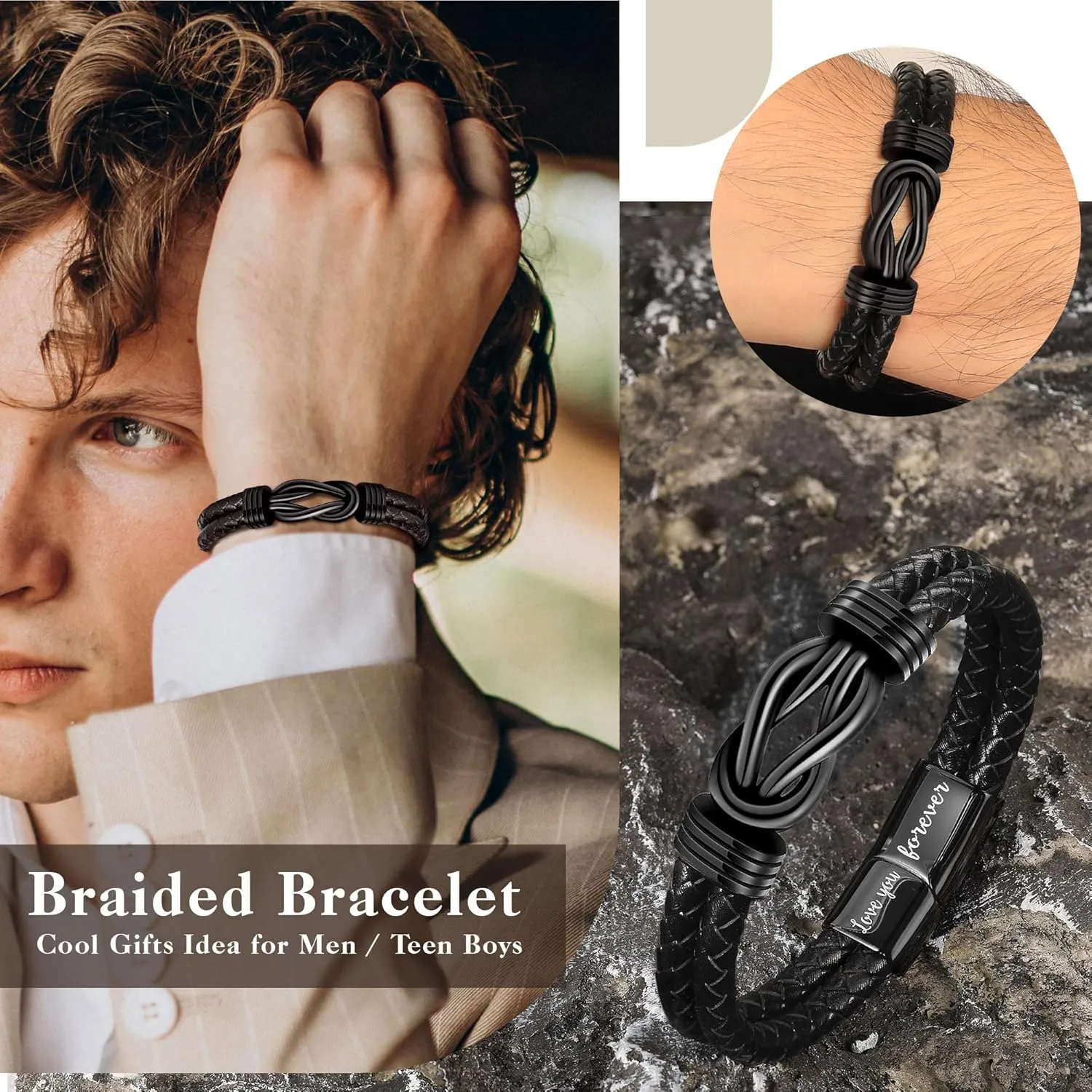 Gifts for Men Leather Bracelet Brown Braided Forever I Love You Gifts for Him Infinity Cuff Bracelets Birthday Gifts for Boyfriend Son Grandson Husband Dad Mens Fathers Day Gift