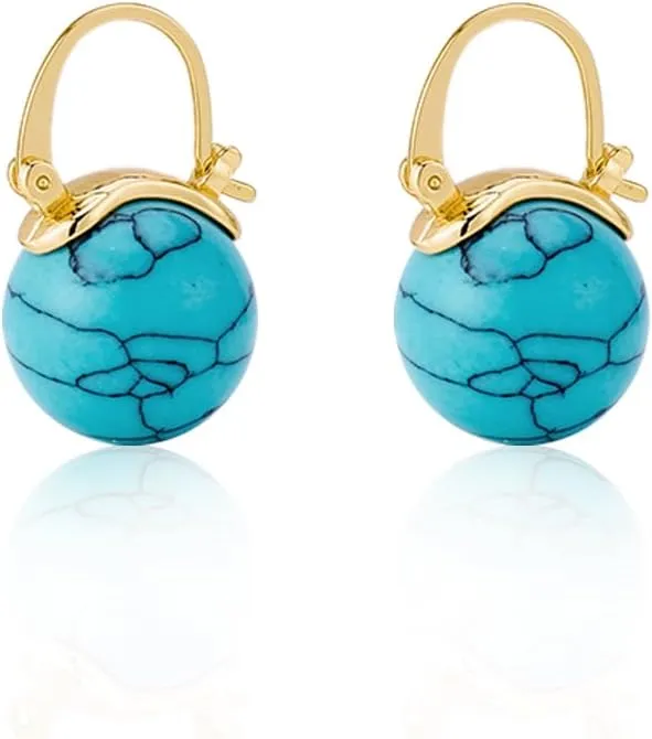 Gifts for Women - Natural Turquoise Huggie Hoop Earrings Hypoallergenic Waterproof Tarnish Free 14K Gold Plated Jewelry for Mom Nana Grandma