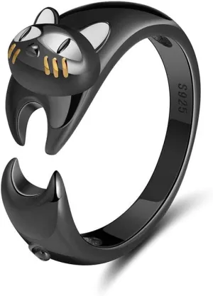 Ginny Cat Wrap Ring for Women by Ginger Lyne | Black over 925 Sterling Silver Kitten Ring for Her | Gifts for Kitty Moms
