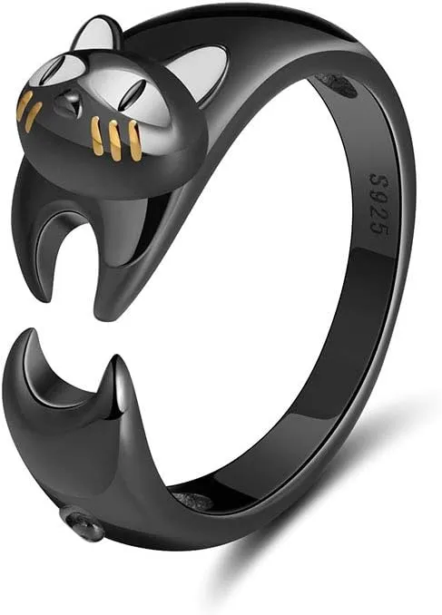 Ginny Cat Wrap Ring for Women by Ginger Lyne | Black over 925 Sterling Silver Kitten Ring for Her | Gifts for Kitty Moms