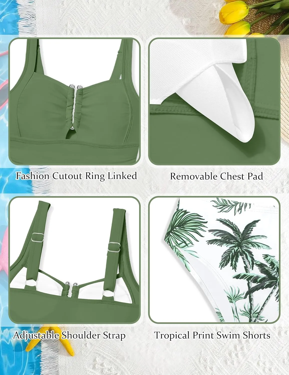 Girls Swimsuit Two Piece U-Shaped Ring Linked Cutout Ruched Tankini for Girls Bathing Suit Tropical Swim Shorts 9-16Y