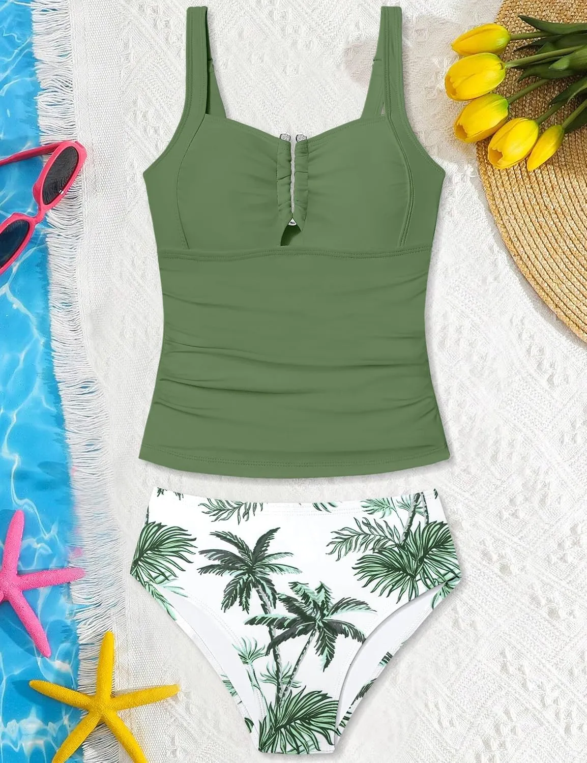 Girls Swimsuit Two Piece U-Shaped Ring Linked Cutout Ruched Tankini for Girls Bathing Suit Tropical Swim Shorts 9-16Y