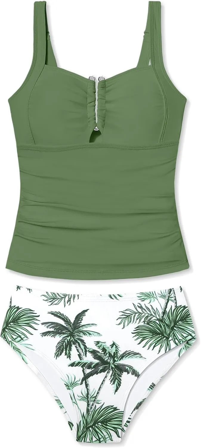 Girls Swimsuit Two Piece U-Shaped Ring Linked Cutout Ruched Tankini for Girls Bathing Suit Tropical Swim Shorts 9-16Y