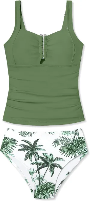 Girls Swimsuit Two Piece U-Shaped Ring Linked Cutout Ruched Tankini for Girls Bathing Suit Tropical Swim Shorts 9-16Y