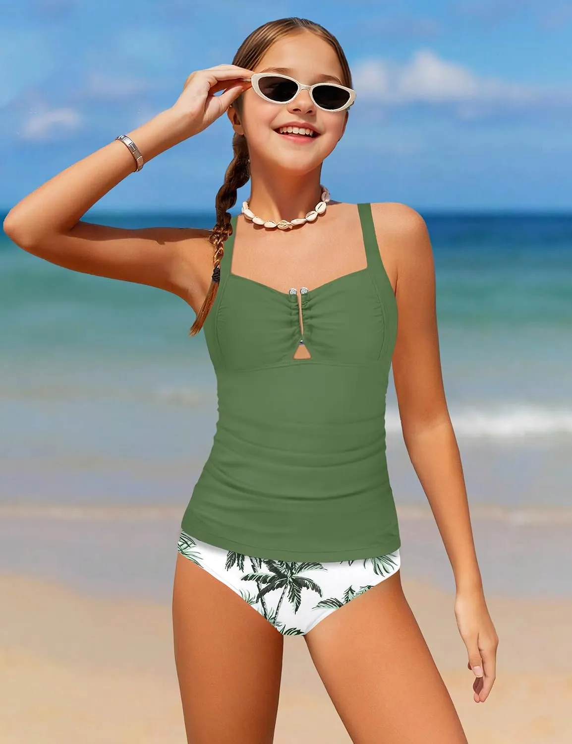 Girls Swimsuit Two Piece U-Shaped Ring Linked Cutout Ruched Tankini for Girls Bathing Suit Tropical Swim Shorts 9-16Y