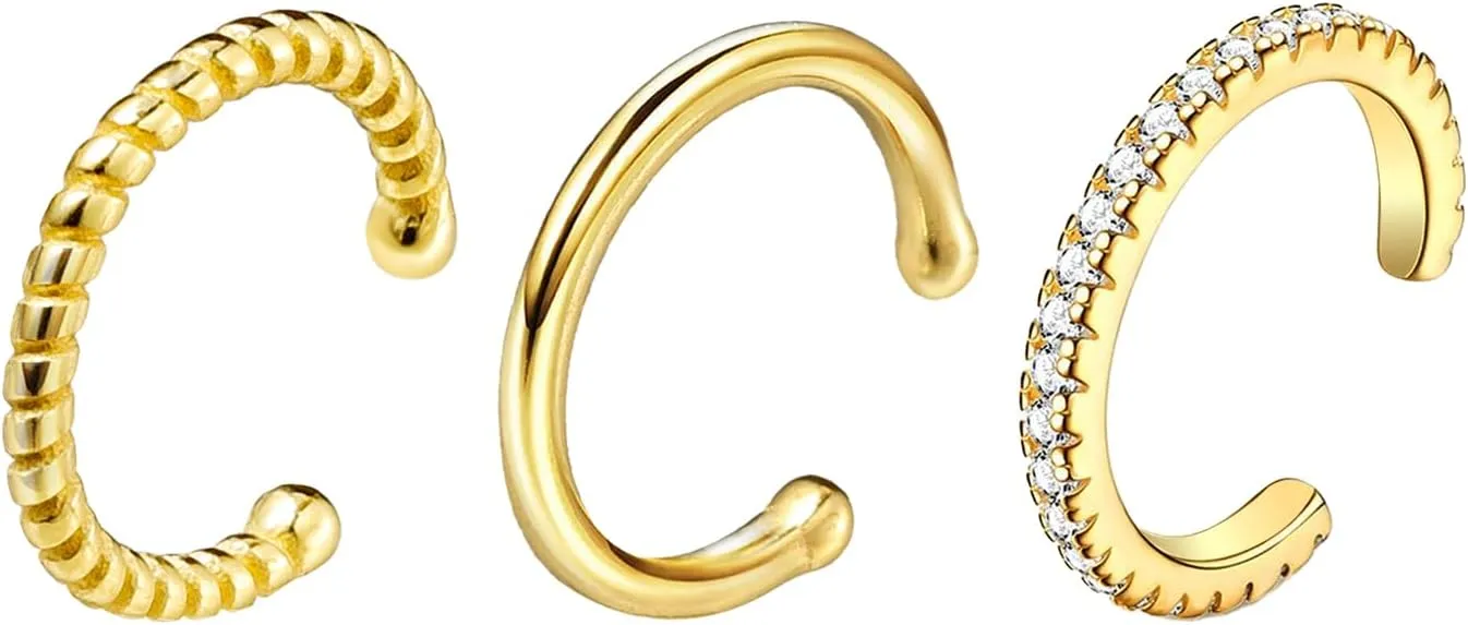 Gold Plated Ear Cuffs Non Piercing Dainty Earring Set for Women S925 Sterling Silver Clip on Cartilage Hoop Earring CZ Fake Earrings Birthday Jewelry for Mom Daughter Graduation Gifts