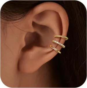 Gold Plated Ear Cuffs Non Piercing Dainty Earring Set for Women S925 Sterling Silver Clip on Cartilage Hoop Earring CZ Fake Earrings Birthday Jewelry for Mom Daughter Graduation Gifts