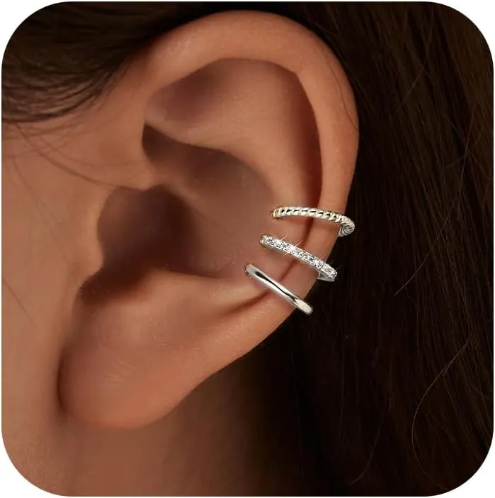 Gold Plated Ear Cuffs Non Piercing Dainty Earring Set for Women S925 Sterling Silver Clip on Cartilage Hoop Earring CZ Fake Earrings Birthday Jewelry for Mom Daughter Graduation Gifts