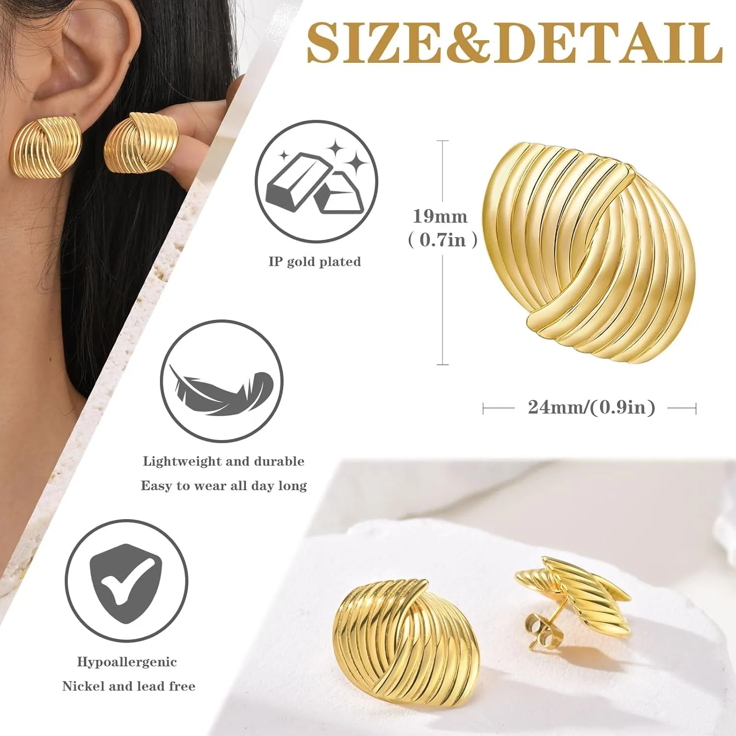 Gold Stud Earring for Women - 14K Gold Plated Studs Ear Jewelry,Hypoallergenic Lightweight Stainless Steel Trendy Gold Earrings,Christmas Valentine's Day Birthday Gifts for Her Girlfriend Wife