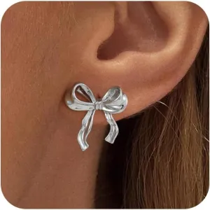 Gold/Silver Bow Earrings for Women, Post Ribbon Knot Earring Bow Stud Earrings Daily Jewelry