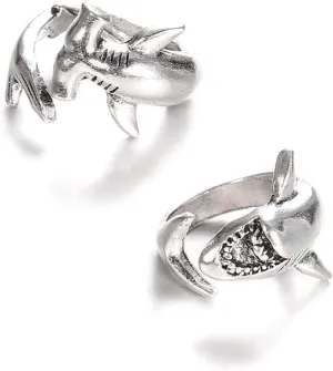 Great White Shark Hammerhead Shark Ring 2X Punk Rings White & Rings Adjustable Opening Metal Jewelry Decor for Women Men