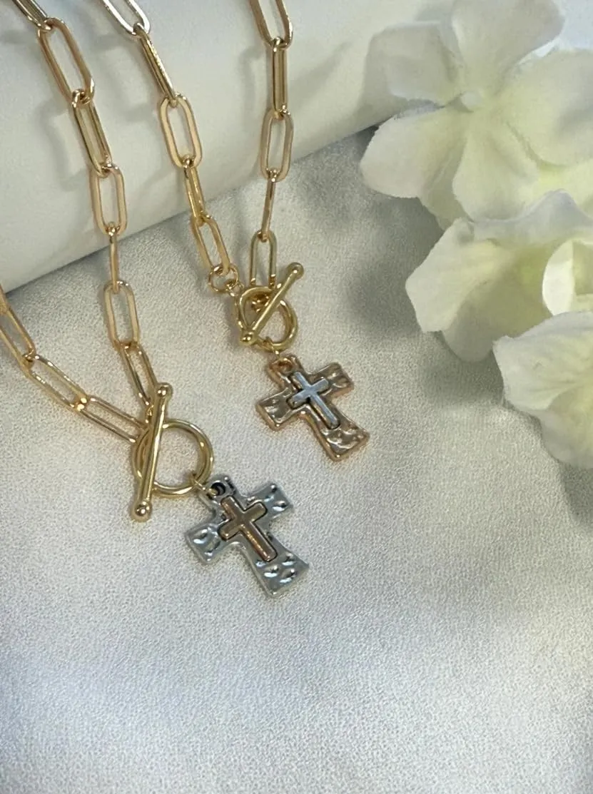 Hammered Cross Necklace Chunky Cross Pendant Matching Necklace Gift for Mom Religious Christian Jewelry