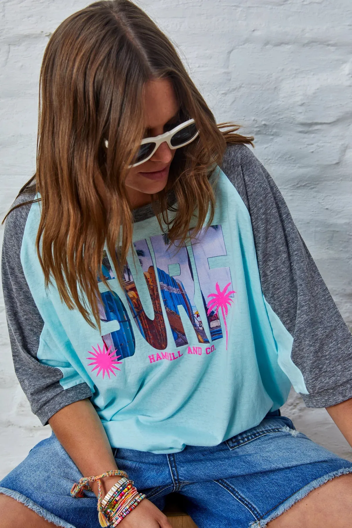 HAMMILL & Co Womens Surf Batwing Raglan Tee - Aqua & Charcoal