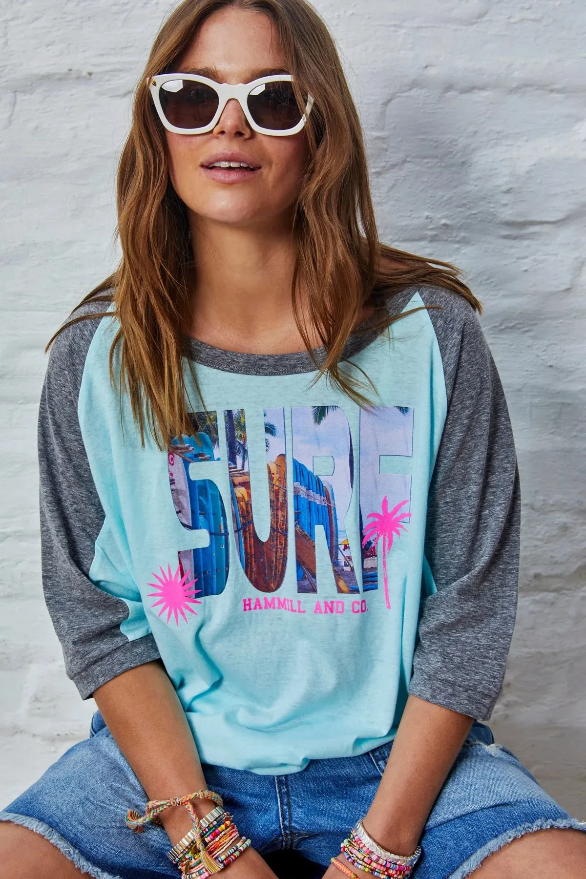 HAMMILL & Co Womens Surf Batwing Raglan Tee - Aqua & Charcoal