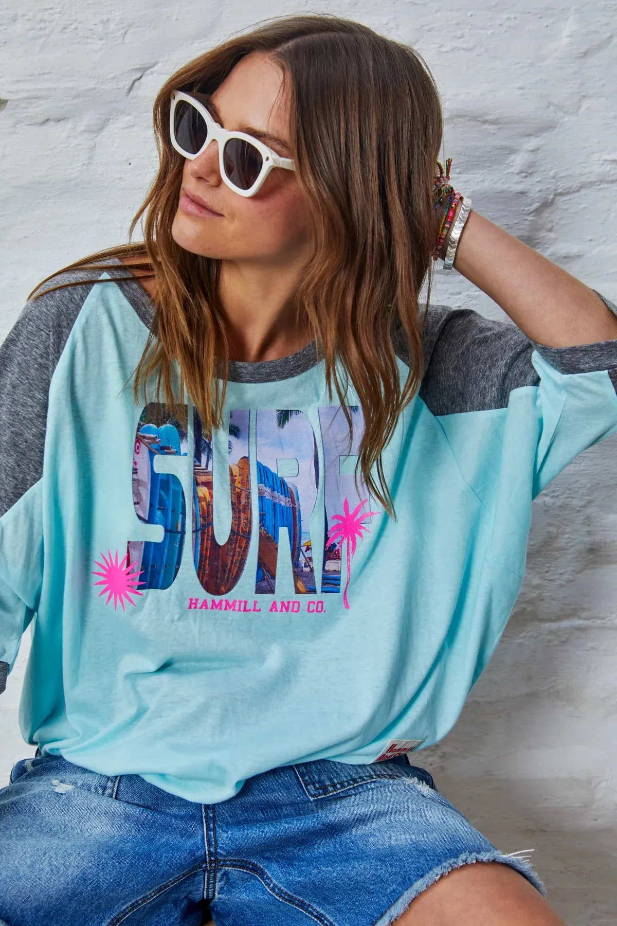 HAMMILL & Co Womens Surf Batwing Raglan Tee - Aqua & Charcoal