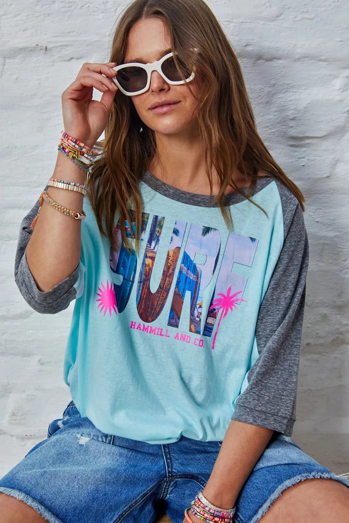 HAMMILL & Co Womens Surf Batwing Raglan Tee - Aqua & Charcoal
