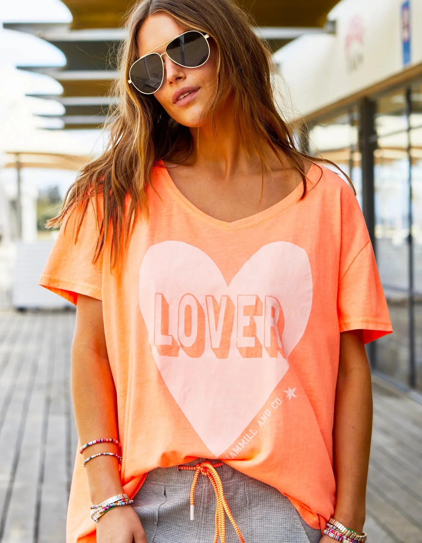 HAMMILL & CO Womens Vintage Wash Lover Heart Tee - Orange
