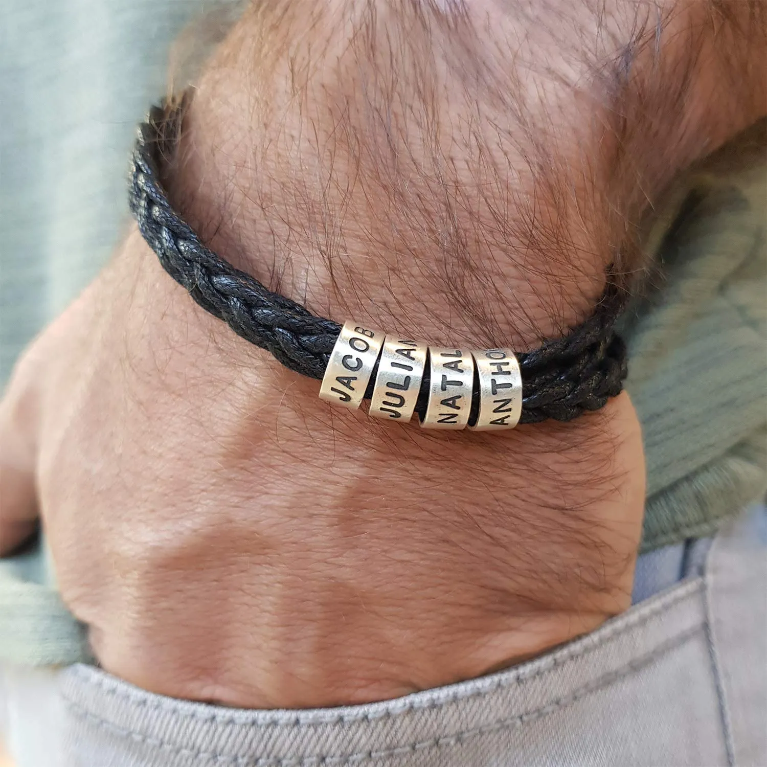 Handmade Custom Engraved Individual Beads for Men's Leather/Wax Cotton Bracelet in Sterling Silver 925 - Beads Kit for Bracelets (Sterling Silver)