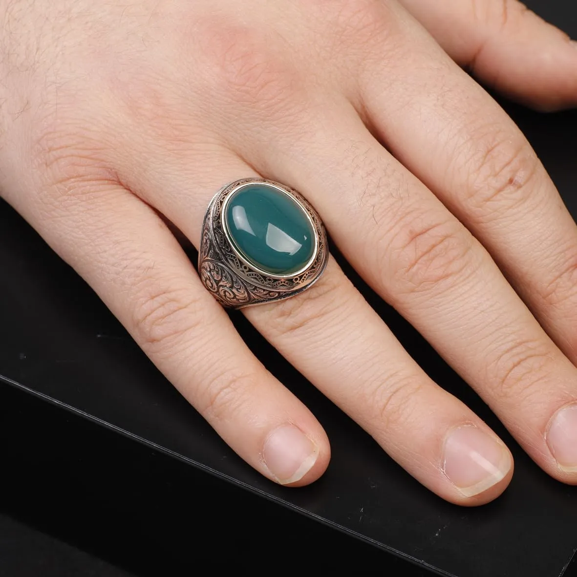 Handmade Jade Men's Ring - 925 Sterling Silver Gemstone Jewelry with Silver Polishing Cloth Gift - Jade Ring for Men (12.5)