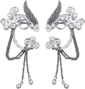 Handmade Nonpierced Elf Fairy Ear Cuff Wrap Earring Celtic Elven Flower Faux Pearl Bead Wing Chain Tassel Clip-On Earring for Women Halloween Cosplay Costume Wedding Jewelry