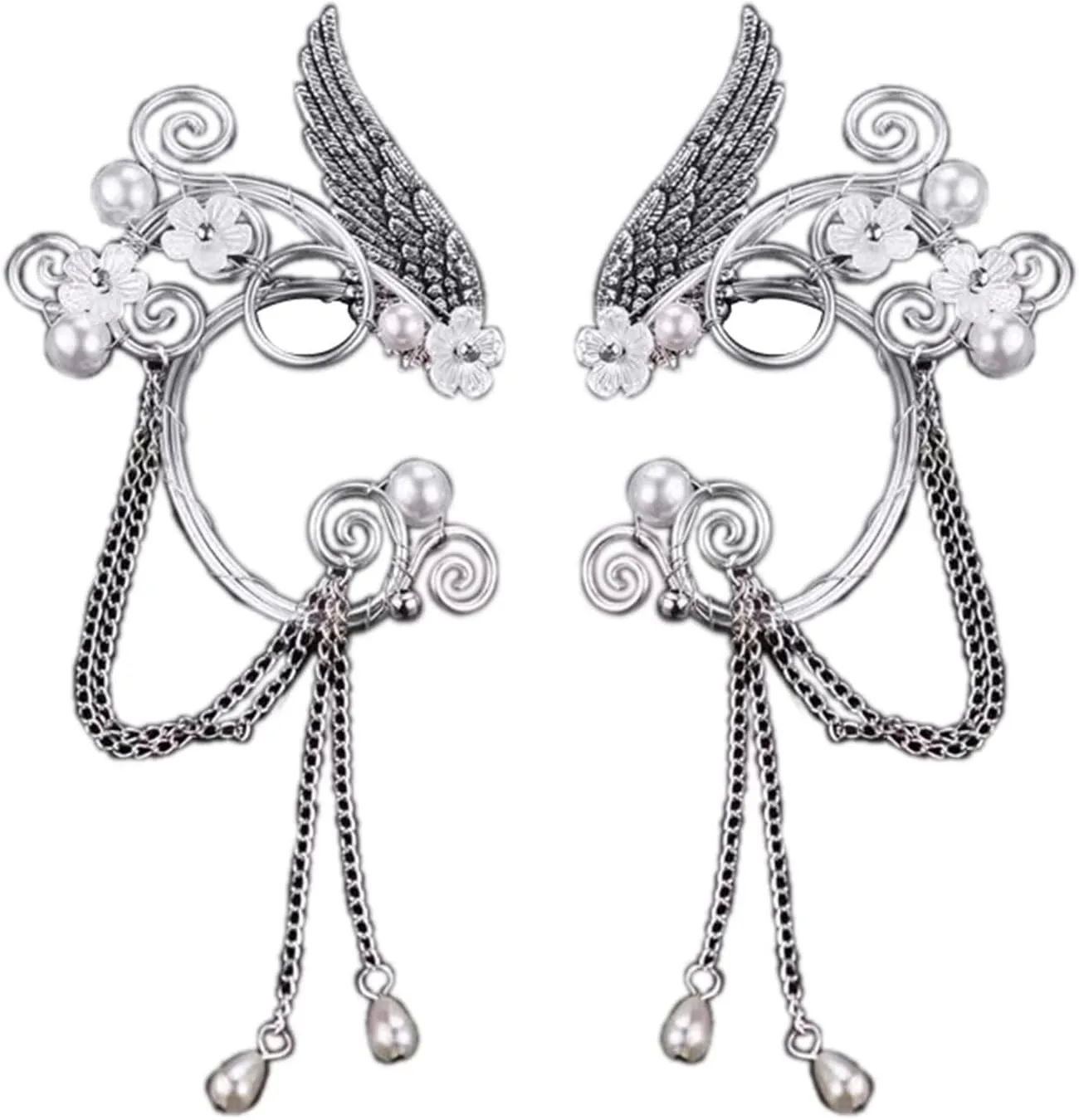 Handmade Nonpierced Elf Fairy Ear Cuff Wrap Earring Celtic Elven Flower Faux Pearl Bead Wing Chain Tassel Clip-On Earring for Women Halloween Cosplay Costume Wedding Jewelry