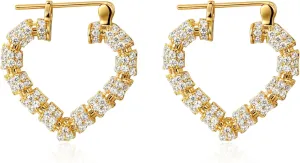 Heart Hoop Earrings Hypoallergenic 14K Gold Plated Bamboo Cubic Zirconia Huggie Hoop Earrings for Women