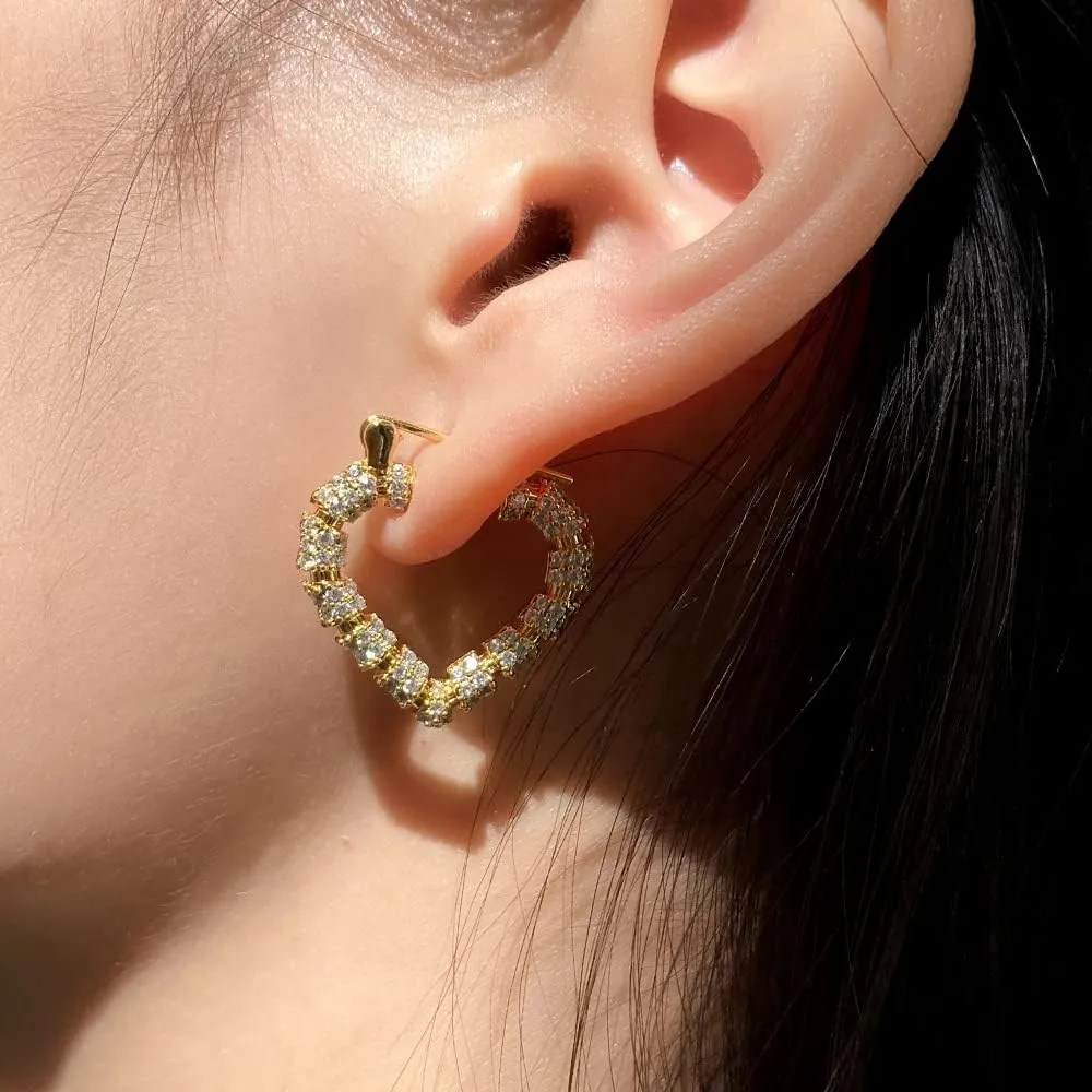 Heart Hoop Earrings Hypoallergenic 14K Gold Plated Bamboo Cubic Zirconia Huggie Hoop Earrings for Women