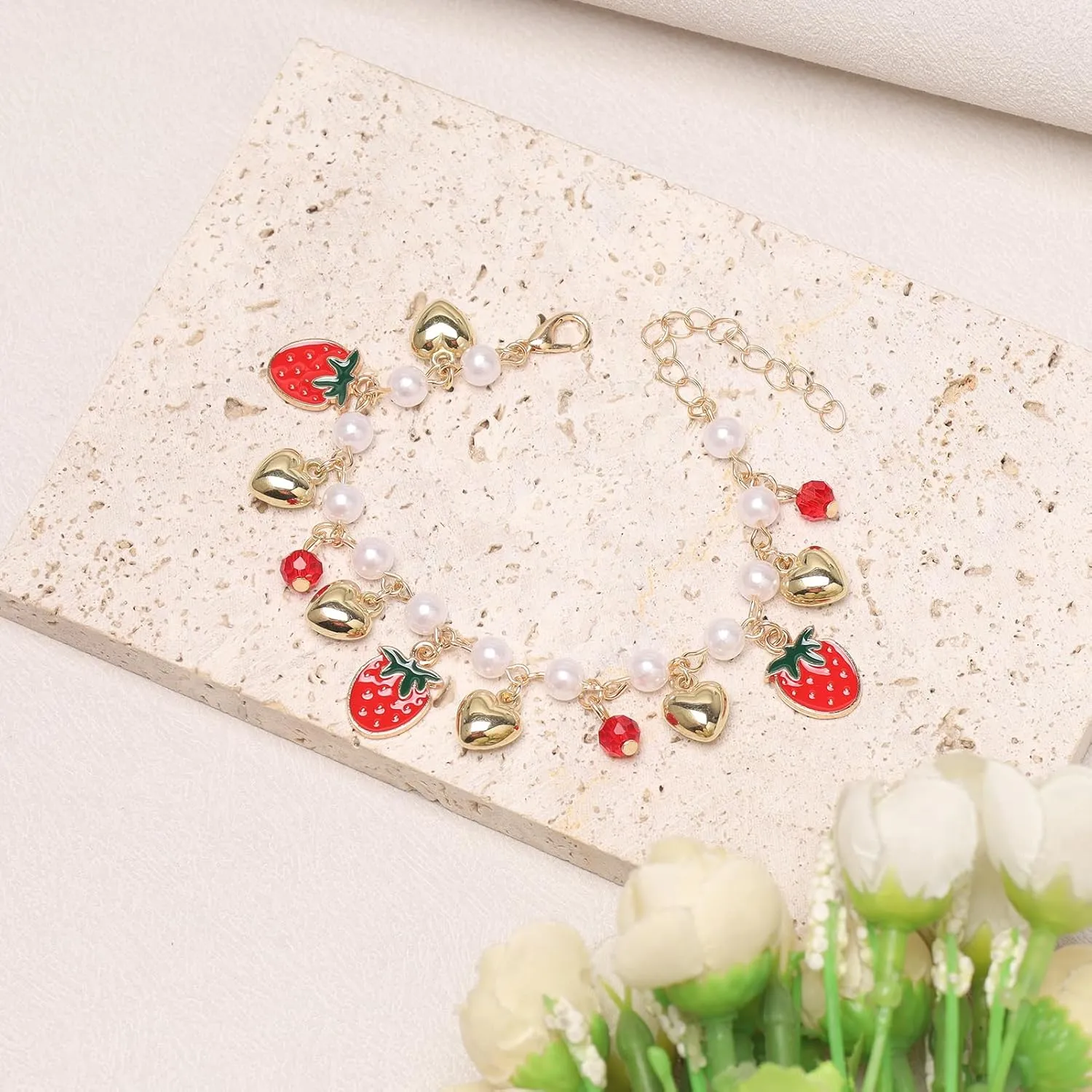 HEYU Strawberry Theme Bracelet for Women - Adjustable Cute Cartoon Cherry Fruit Jewelry Gift for Her - Dainty Strawberry Charm Bracelet with Gift Box for Lover, Daughter, Niece
