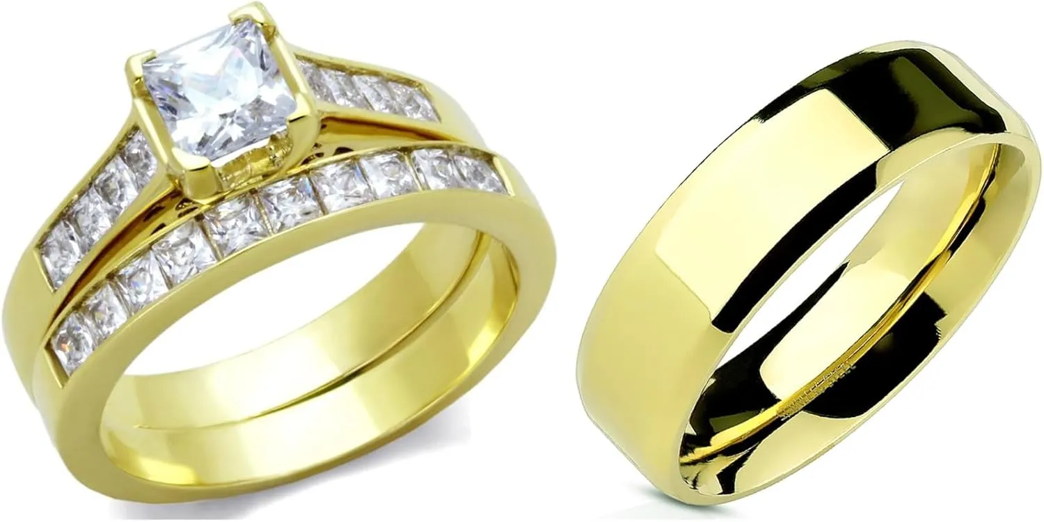 His Hers Couple Ring Set 14K Gold Plated Stainles Steel Womens Wedding Engagement Ring Set Mens Matching Stainless Steel Flat Band