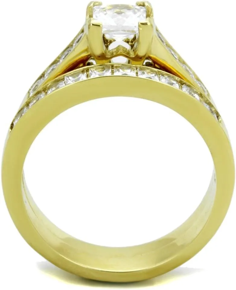 His Hers Couple Ring Set 14K Gold Plated Stainles Steel Womens Wedding Engagement Ring Set Mens Matching Stainless Steel Flat Band