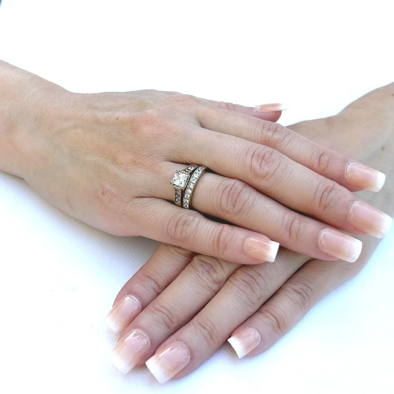 His Hers Couple Ring Set 14K Gold Plated Stainles Steel Womens Wedding Engagement Ring Set Mens Matching Stainless Steel Flat Band