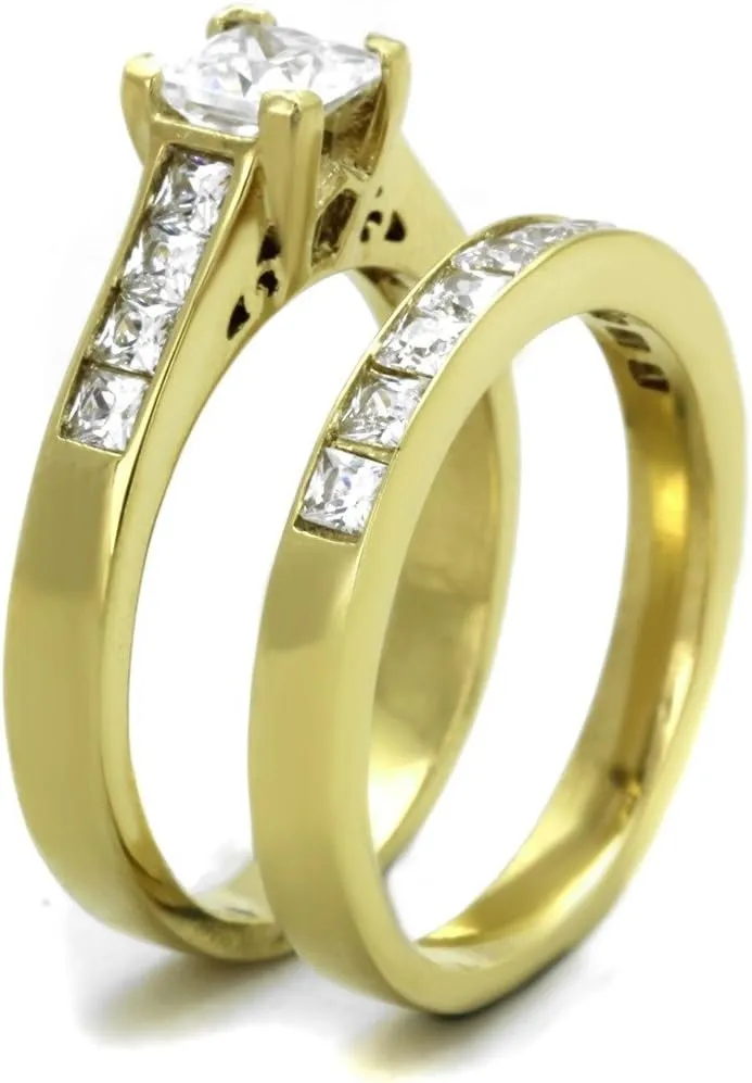 His Hers Couple Ring Set 14K Gold Plated Stainles Steel Womens Wedding Engagement Ring Set Mens Matching Stainless Steel Flat Band