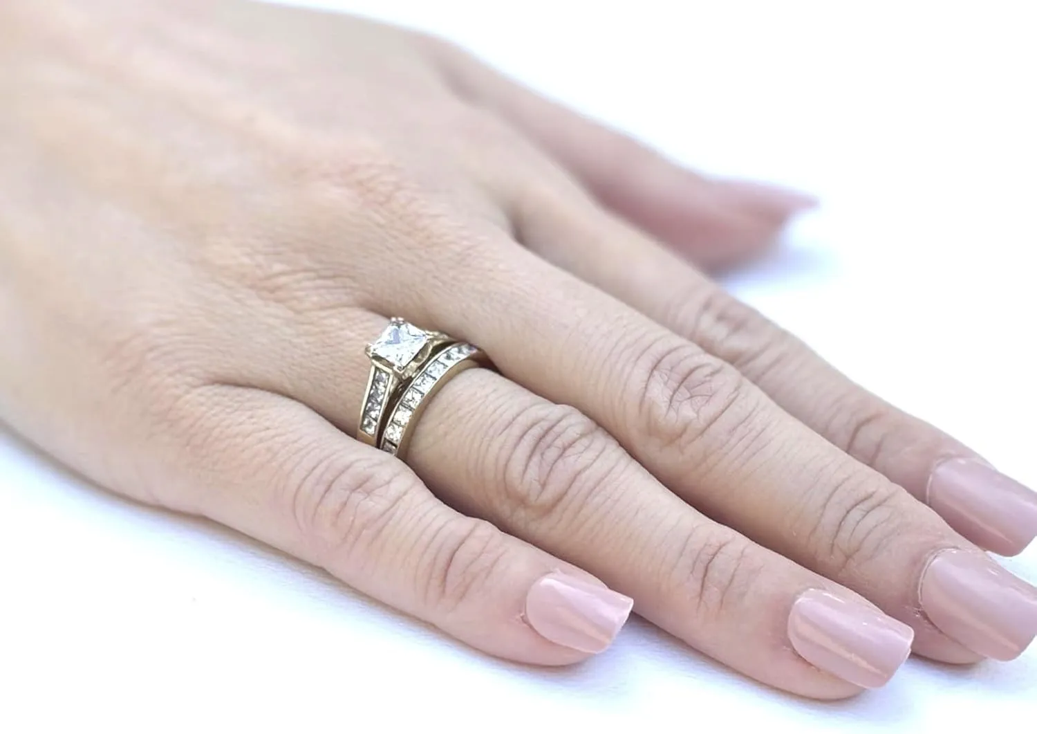 His Hers Couple Ring Set 14K Gold Plated Stainles Steel Womens Wedding Engagement Ring Set Mens Matching Stainless Steel Flat Band