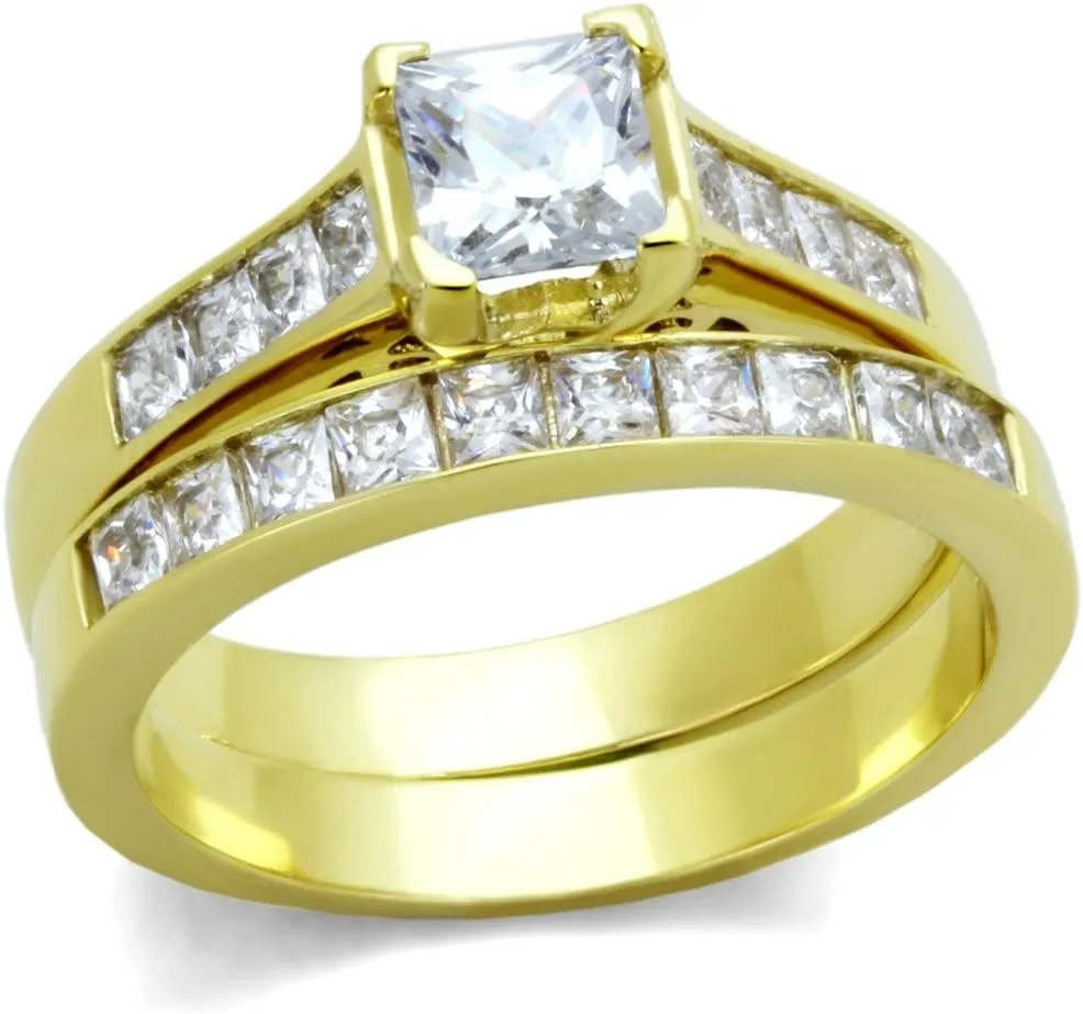 His Hers Couple Ring Set 14K Gold Plated Stainles Steel Womens Wedding Engagement Ring Set Mens Matching Stainless Steel Flat Band