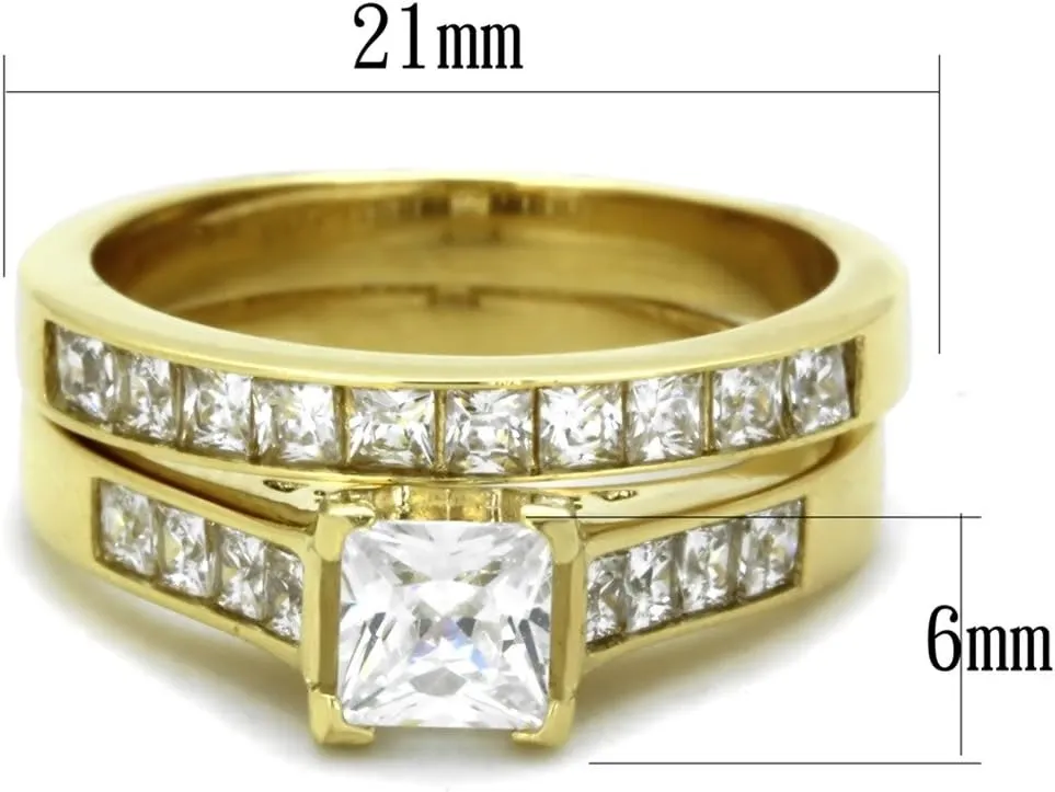His Hers Couple Ring Set 14K Gold Plated Stainles Steel Womens Wedding Engagement Ring Set Mens Matching Stainless Steel Flat Band