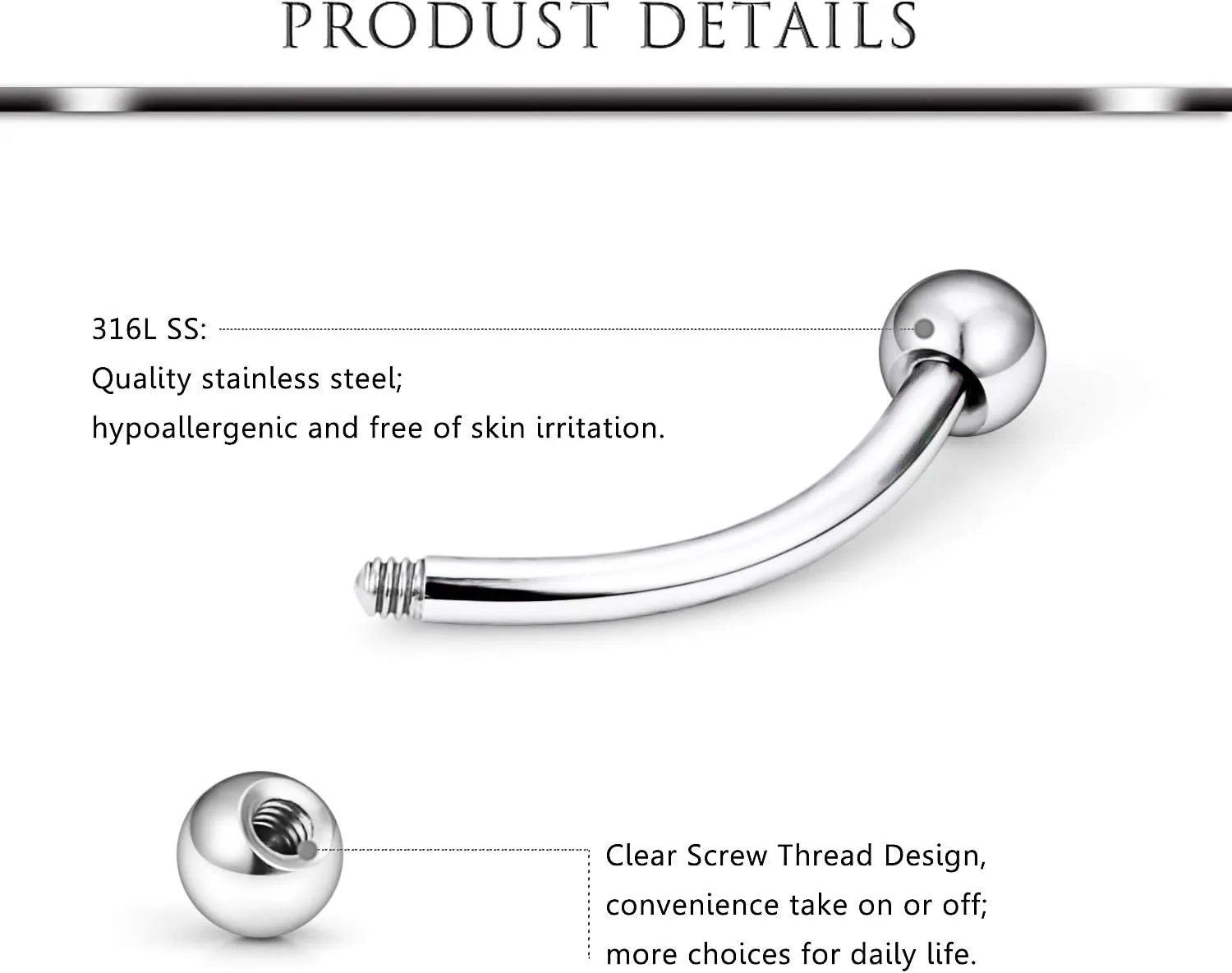 Hoeudjo 48PCS 16G Straight & Curved Barbells Snake Eyes Tongue Rings Surgical Steel Nipple Ring Nipplerings Piercing Jewelry for Women Men 14MM-16MM