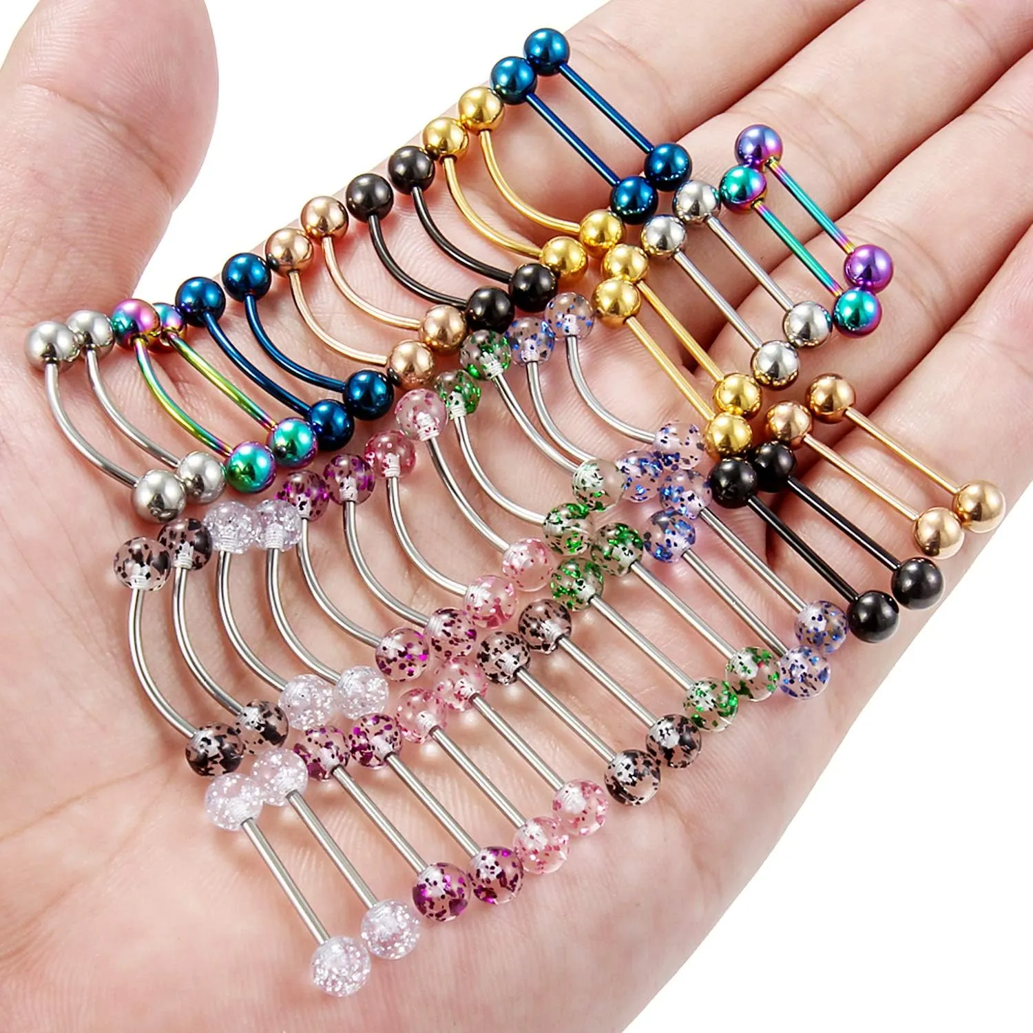 Hoeudjo 48PCS 16G Straight & Curved Barbells Snake Eyes Tongue Rings Surgical Steel Nipple Ring Nipplerings Piercing Jewelry for Women Men 14MM-16MM