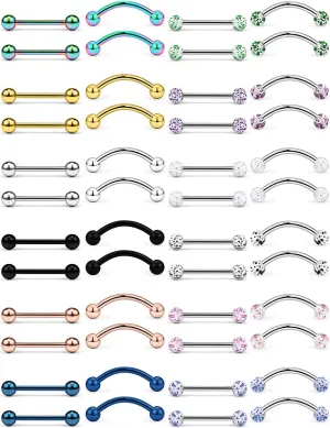 Hoeudjo 48PCS 16G Straight & Curved Barbells Snake Eyes Tongue Rings Surgical Steel Nipple Ring Nipplerings Piercing Jewelry for Women Men 14MM-16MM