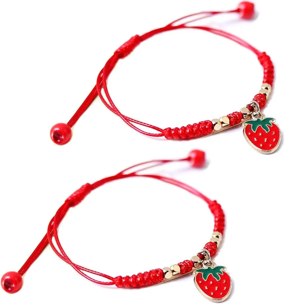 HUJUON 2Pcs Summer Fruit Strawberry Cherry Bracelets Sets,Handmade Weave Red Rope Adjustable Bracelet Protection Jewelry for Couple Best Friends