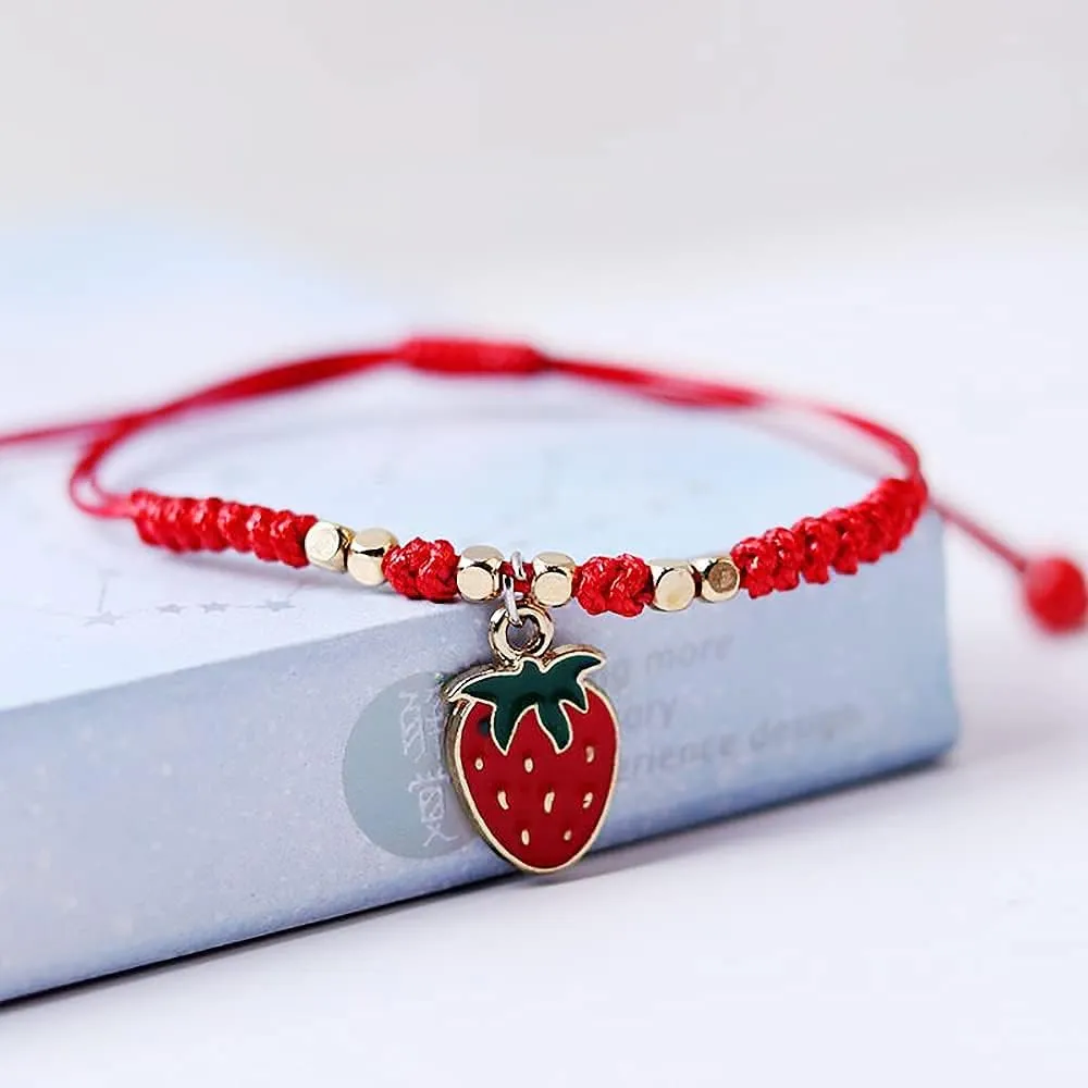 HUJUON 2Pcs Summer Fruit Strawberry Cherry Bracelets Sets,Handmade Weave Red Rope Adjustable Bracelet Protection Jewelry for Couple Best Friends