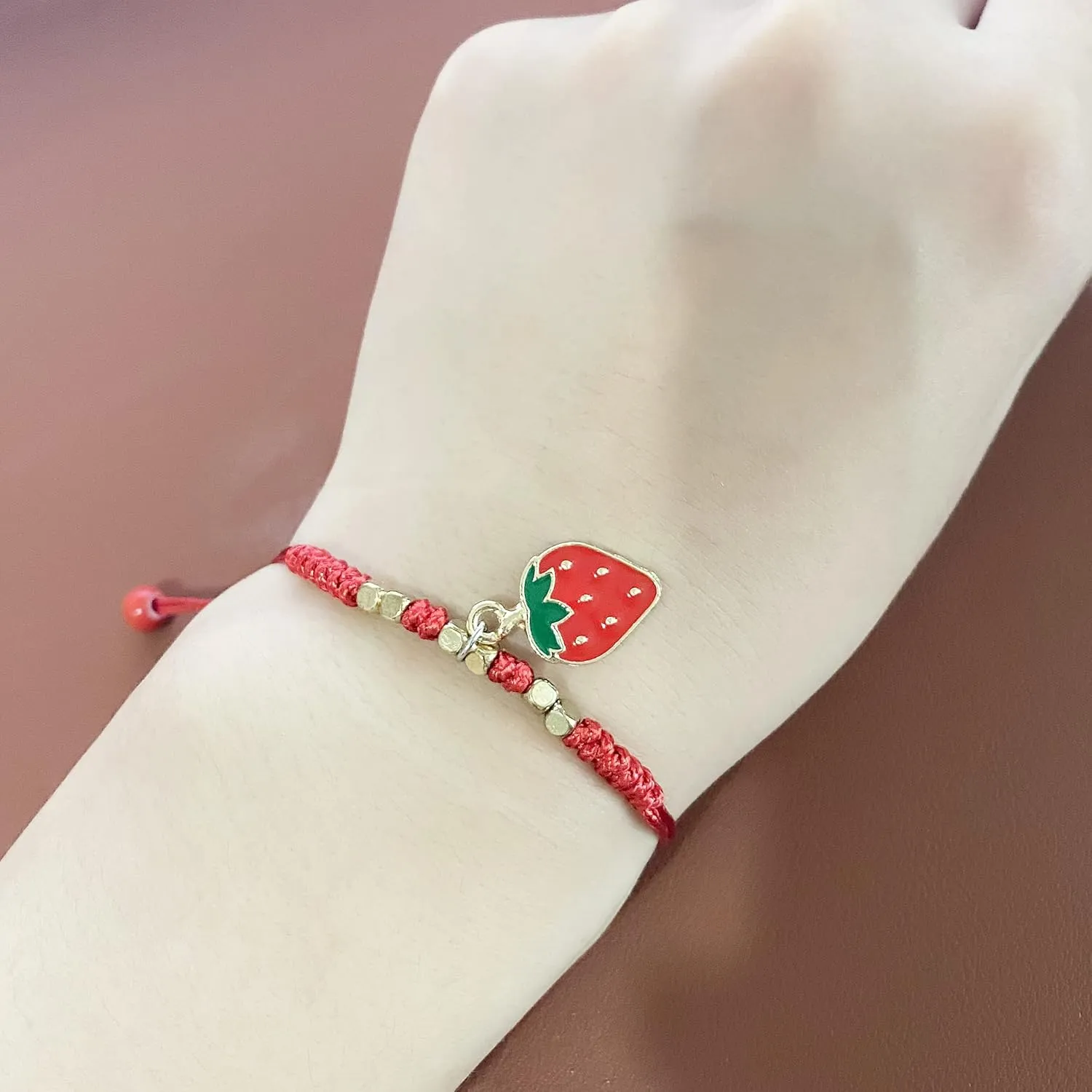 HUJUON 2Pcs Summer Fruit Strawberry Cherry Bracelets Sets,Handmade Weave Red Rope Adjustable Bracelet Protection Jewelry for Couple Best Friends