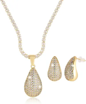 HZMAN Teardrop Earrings Necklace Jewelry Set for Women Bride Dainty 18K Gold White Plated Cubic Zirconia Stud Tearsdrop Earring Wedding Party Jewelry Gift