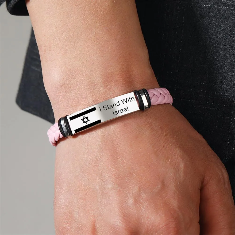 I Stand with Israel Bracelet for Men Women,Israel Flag Bracelet Stainless Steel Handmade Leather Israelite Wristbands Support Israel Bracelets Israeli Jewish Jewelry for Teens Adults