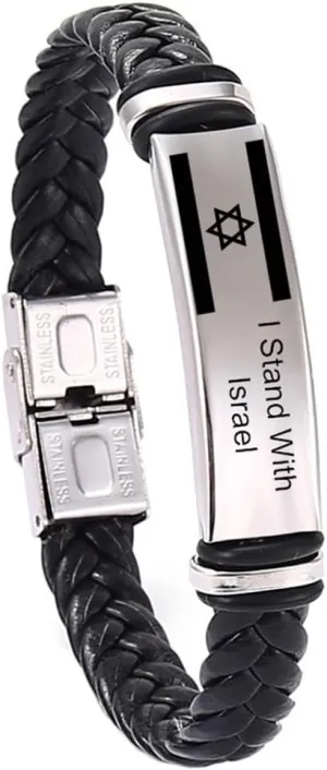 I Stand with Israel Bracelet for Men Women,Israel Flag Bracelet Stainless Steel Handmade Leather Israelite Wristbands Support Israel Bracelets Israeli Jewish Jewelry for Teens Adults