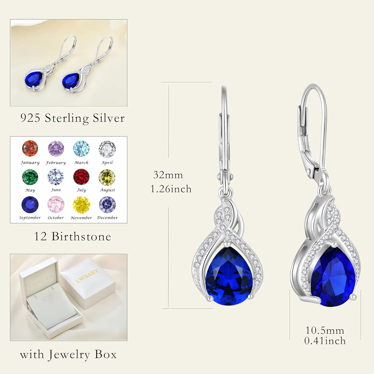 Infinity Teardrop Earrings 925 Sterling Silver Dangle Drop Leverback Earrings Pear Shaped Birthstone Jewelry Gifts for Women