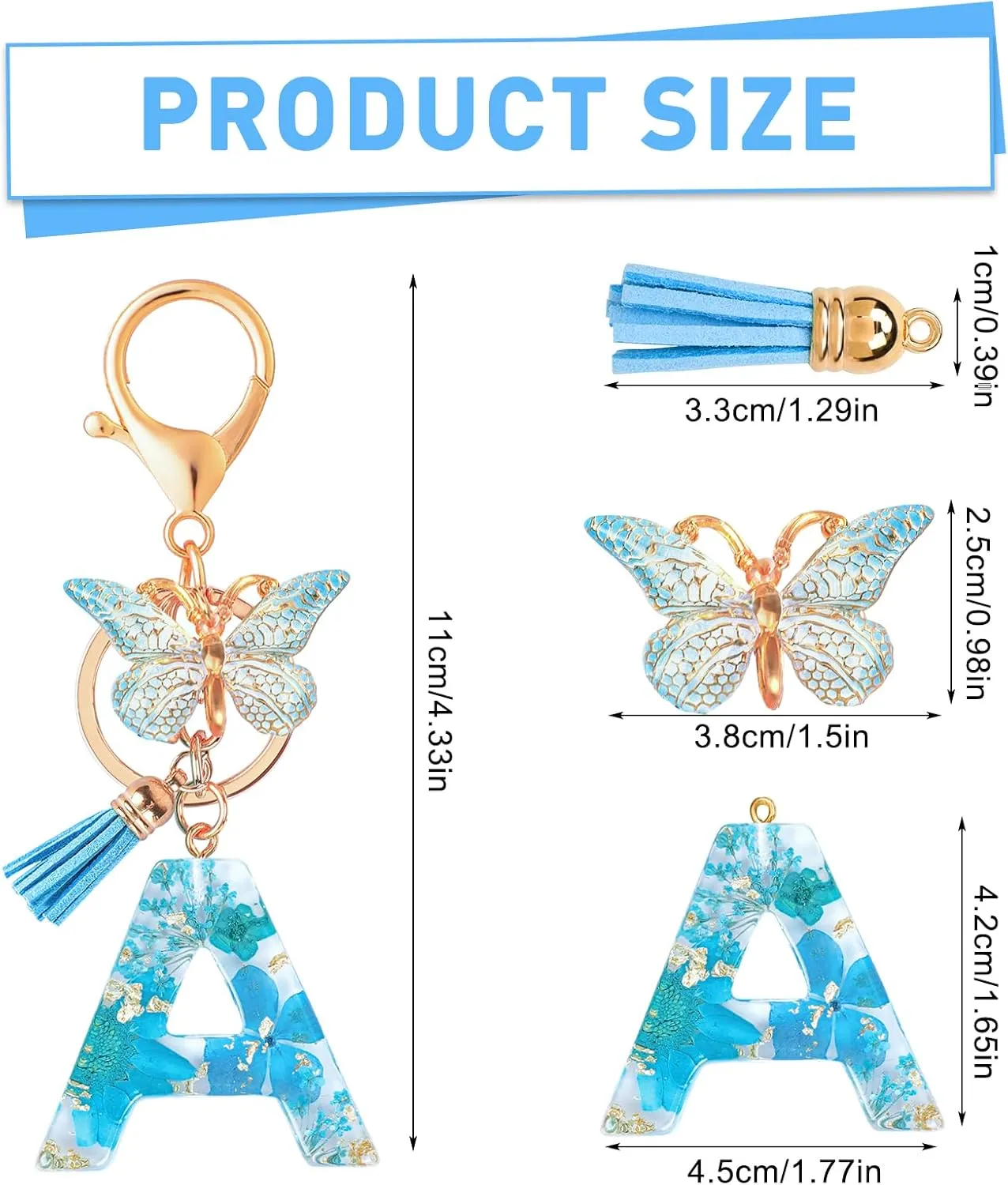 Initial Letter Keychain Resin Alphabet Keyrings,Blue Petals Gold Foil Key Ring Charm,Cute Car Key Chain