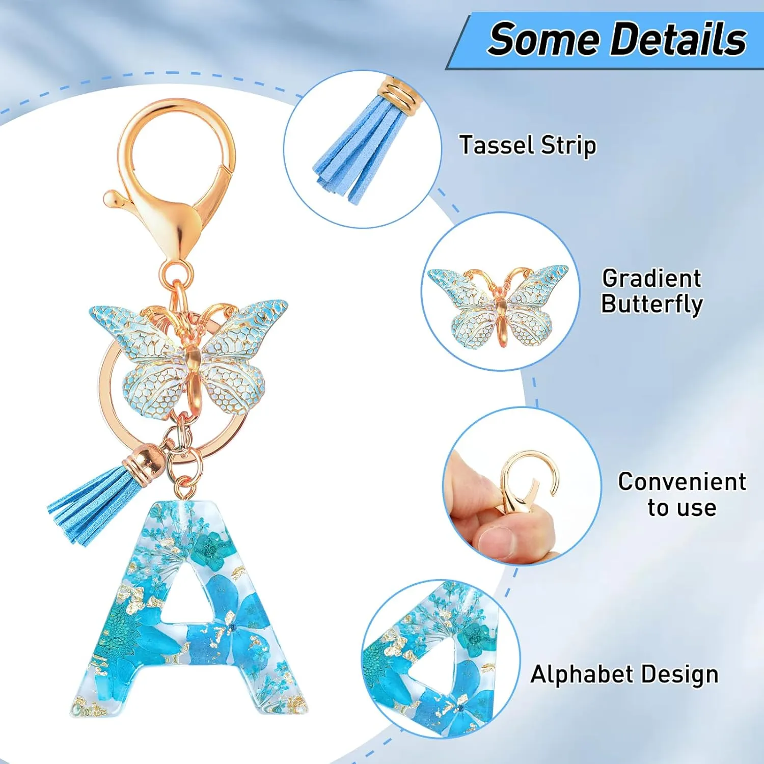 Initial Letter Keychain Resin Alphabet Keyrings,Blue Petals Gold Foil Key Ring Charm,Cute Car Key Chain