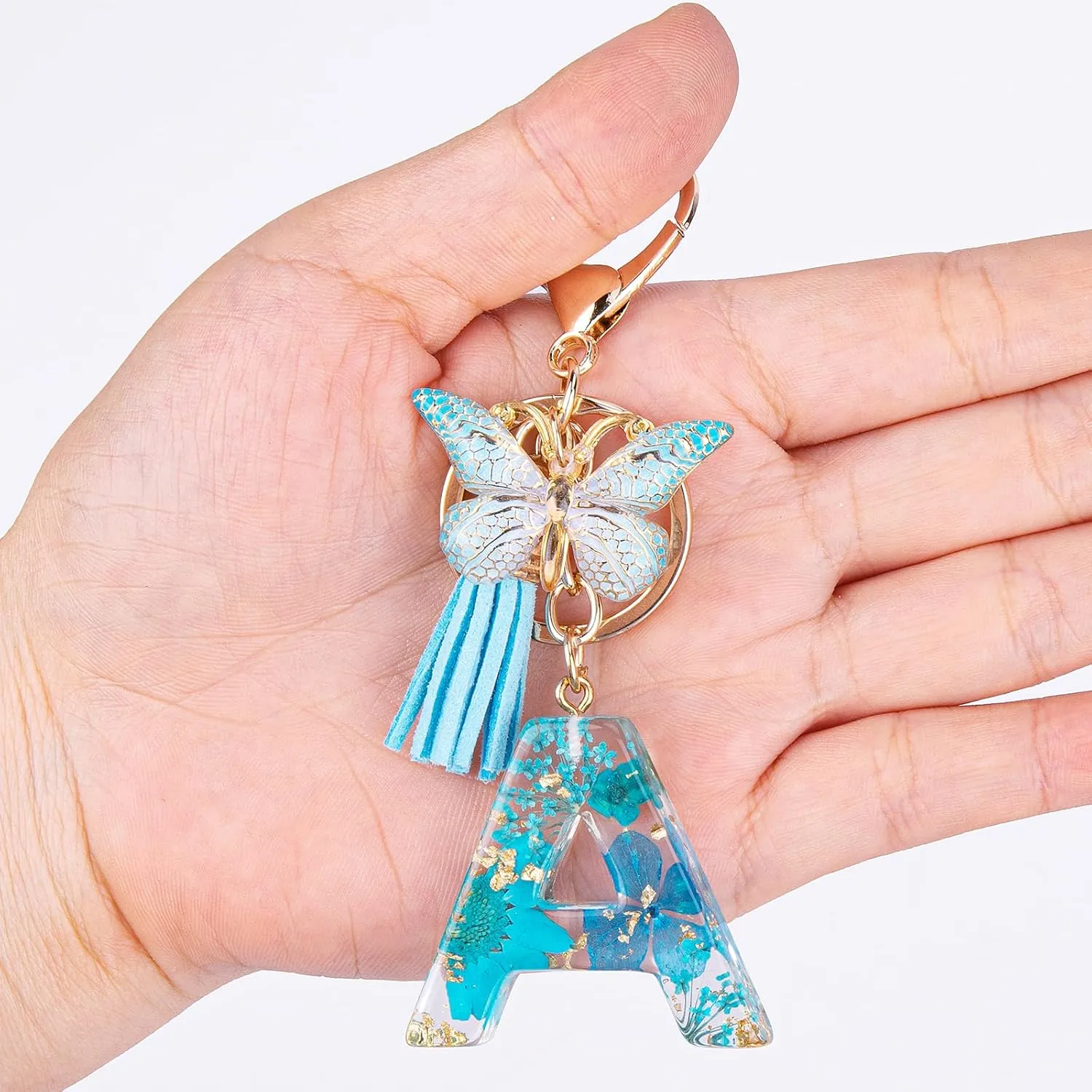 Initial Letter Keychain Resin Alphabet Keyrings,Blue Petals Gold Foil Key Ring Charm,Cute Car Key Chain